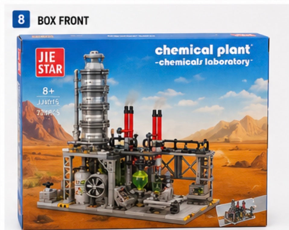 JIE STAR Chemical Plant - Chemicals Laboratory toy building block set, shown from the front of its retail box. The packaging features a blue sky and orange desert landscape background with a detailed gray, silver, and red industrial plant structure.