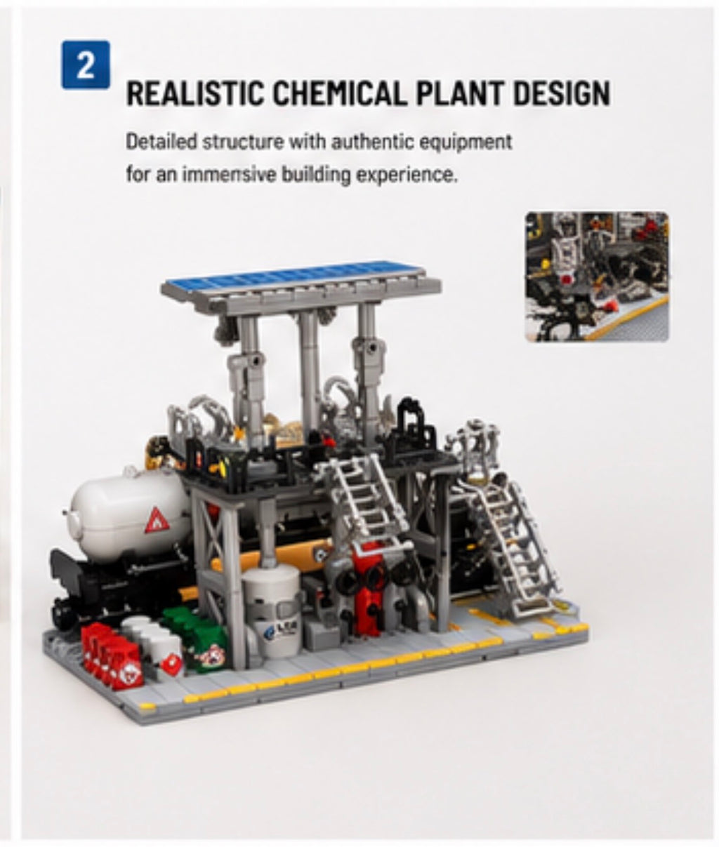 A product showcase image for a building block set depicting a realistic chemical plant. The image features a detailed gray, black, and silver block structure with a blue solar panel roof, white tanks, and red and green accents, set against a plain white background with descriptive text and a small inset photo.