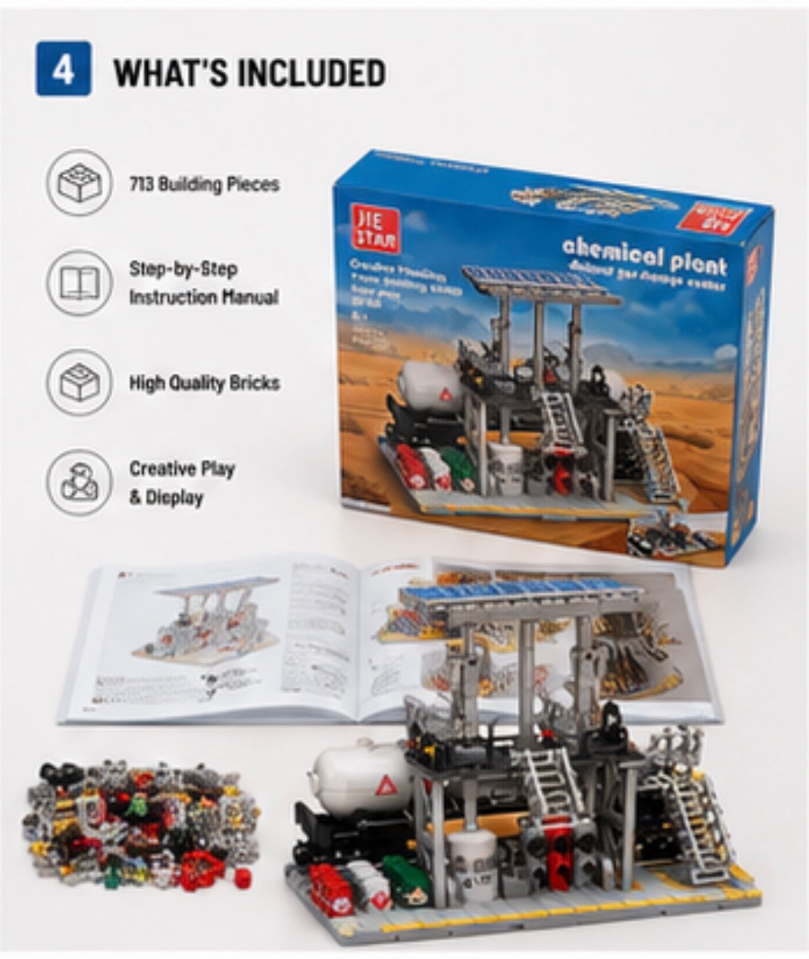 Jie Lian chemical plant building block set shown with its retail box, instruction manual, loose bricks, and assembled model on a light gray background. The image includes a '4 WHAT'S INCLUDED' header listing 713 building pieces, step-by-step instruction manual, high quality bricks, and creative play & display.