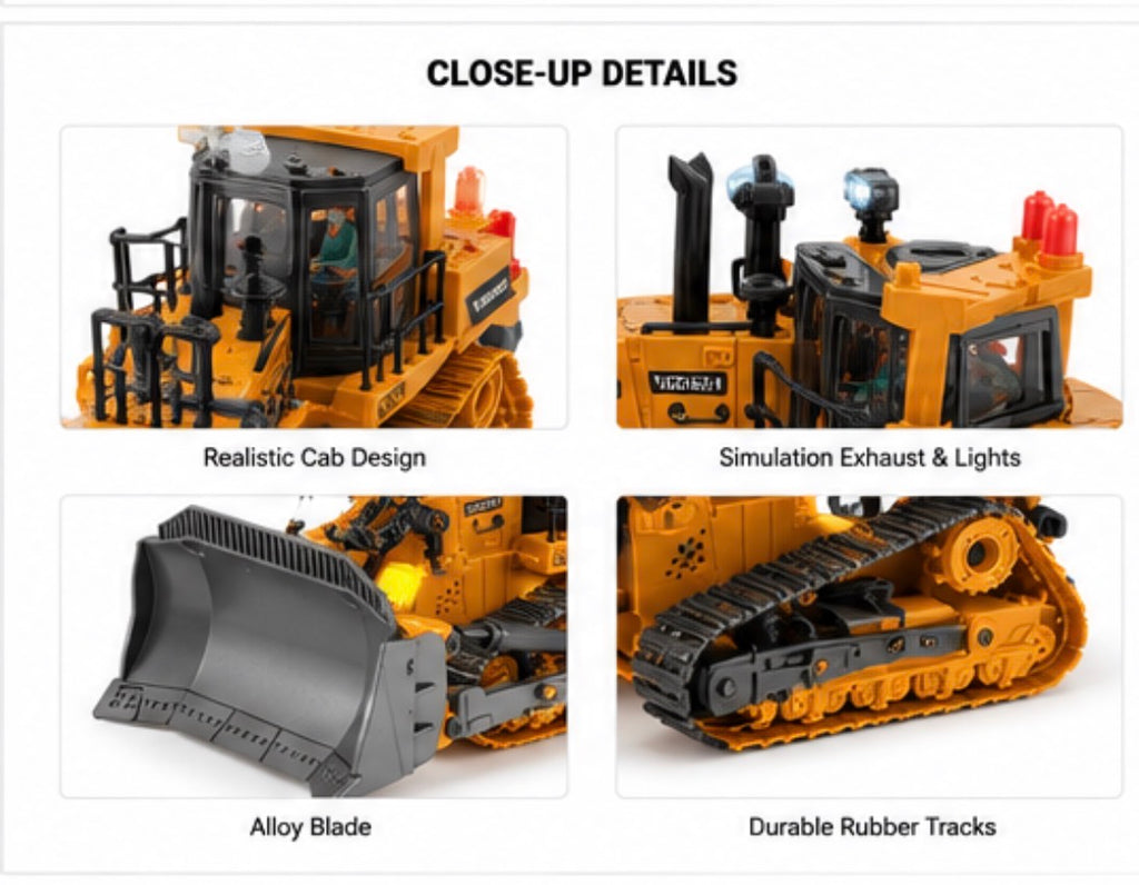 A product detail collage titled 'CLOSE-UP DETAILS' showing four feature panels of a toy construction vehicle: realistic cab design, simulation exhaust and lights, alloy blade, and durable rubber tracks, all on a white background.