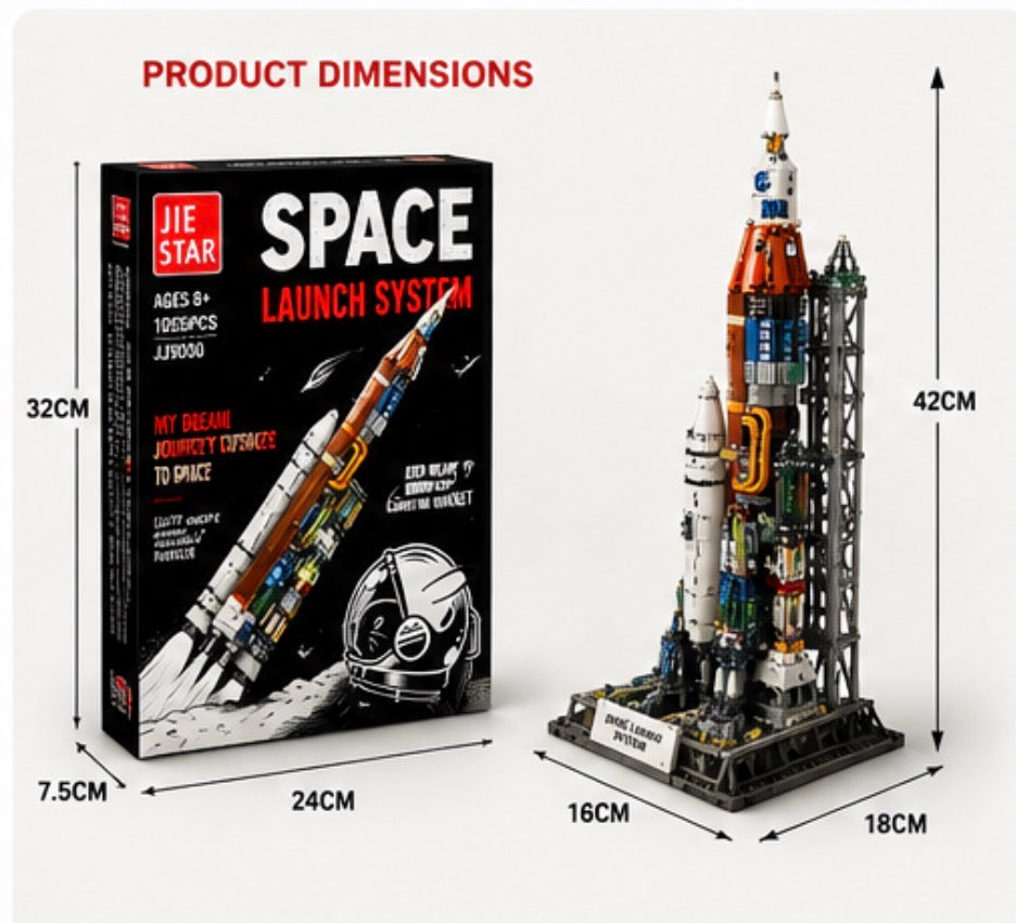 JIE STAR Space Launch System building block set shown with its retail box and assembled model on a light gray background, with red text indicating product dimensions around the box and model.