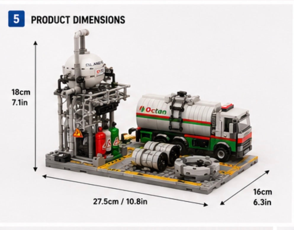 Product dimensions diagram for a building block set showing an industrial oil rig structure and an Octan tanker truck on a gray base, with measurements labeled in centimeters and inches.