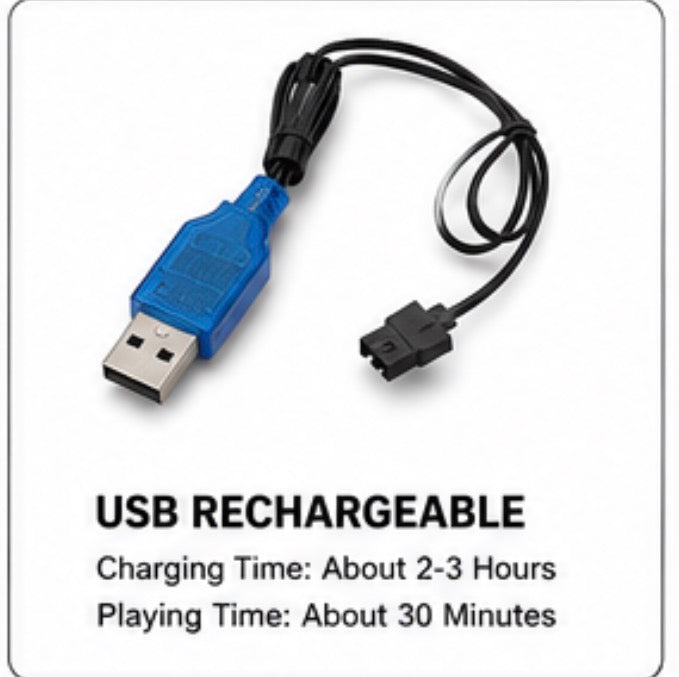 A USB rechargeable charging cable with a blue USB-A connector and black cable leading to a black multi-pin plug, shown on a white background with text stating 'USB RECHARGEABLE Charging Time: About 2-3 Hours Playing Time: About 30 Minutes'.