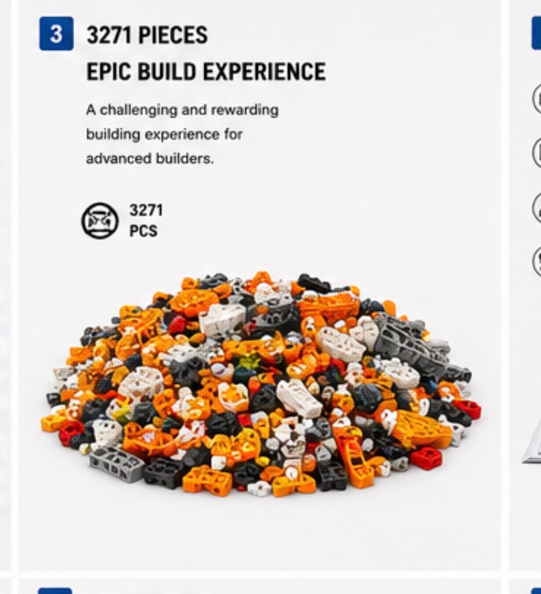 A pile of multicolored building blocks with text reading '3271 PIECES' and 'EPIC BUILD EXPERIENCE' on a light gray background.