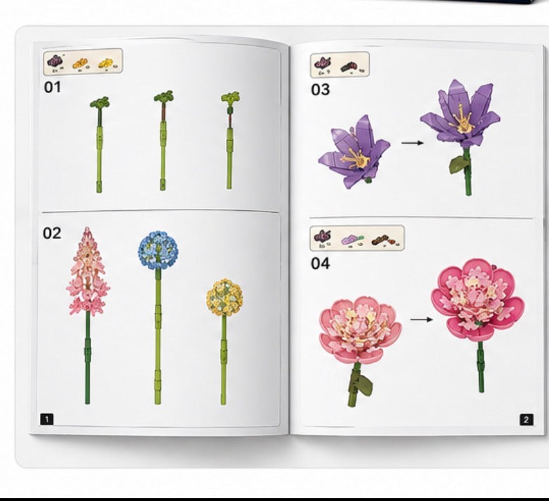 An open instruction booklet showing step-by-step assembly of four different flower-shaped building block models on white pages.