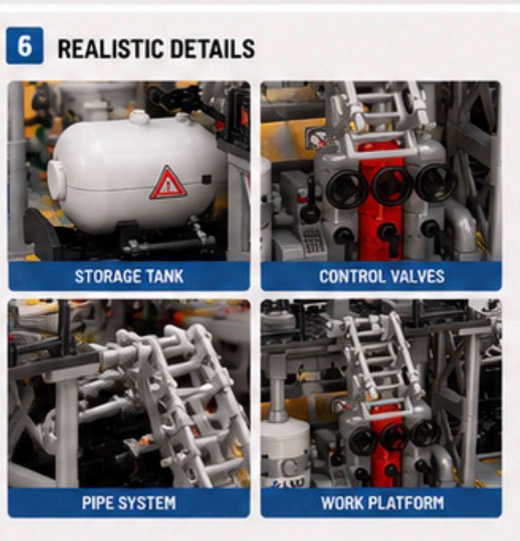 A feature detail collage showing four close-up views of a built mechanical system labeled '6 REALISTIC DETAILS': a white storage tank, control valves, a pipe system, and a work platform.