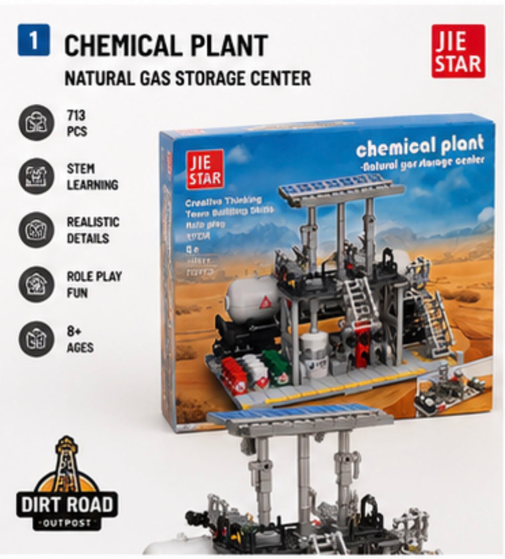 JIE STAR Chemical Plant Natural Gas Storage Center building block toy set, featuring a box with desert-themed graphics and a partially assembled gray and black model shown below on a white background with feature icons.