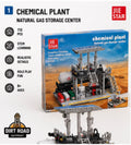 JIE STAR Chemical Plant Natural Gas Storage Center building block toy set, featuring a box with desert-themed graphics and a partially assembled gray and black model shown below on a white background with feature icons.