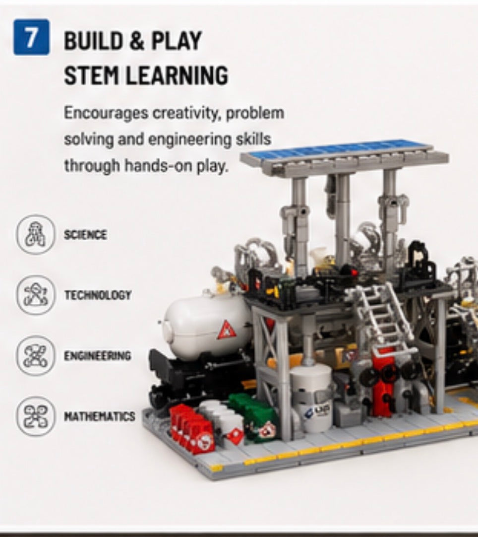A building block model of an industrial refinery or power plant on a gray baseplate, shown with marketing text on a light background. The text reads '7 BUILD & PLAY STEM LEARNING' and lists science, technology, engineering, and mathematics benefits.