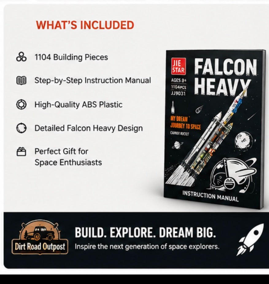 Jie Star Falcon Heavy instruction manual and building pieces set, featuring a black box with white rocket illustration and a list of included items on a light gray background.