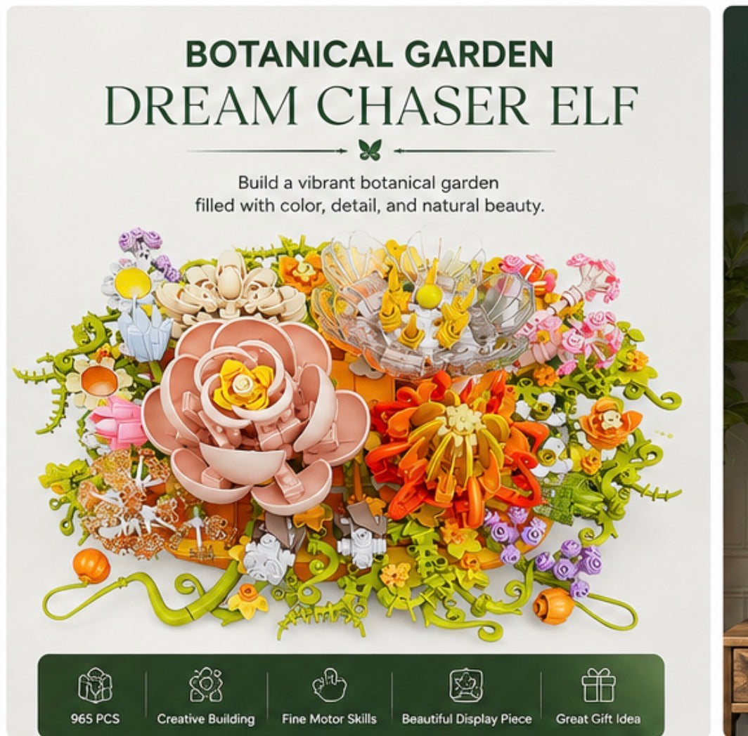 A promotional graphic for a building toy set titled 'Botanical Garden Dream Chaser Elf,' showing a colorful assembled garden with flowers, vines, and small decorative elements on a white background. A dark green banner at the bottom lists features such as 965 pieces, creative building, fine motor skills, beautiful display piece, and great gift idea.