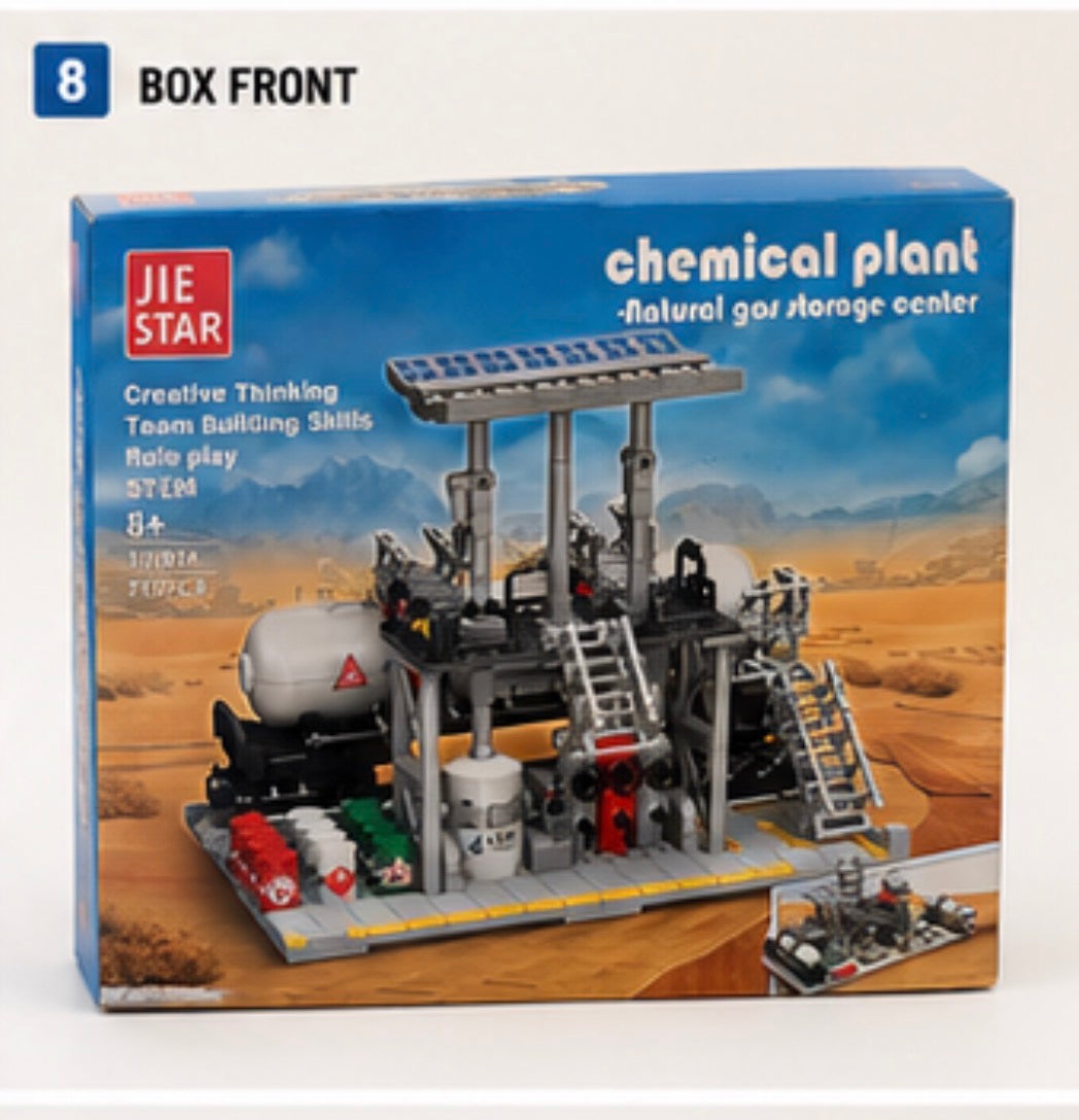 JIE STAR chemical plant natural gas storage center building block set in its retail box, showing a detailed model of an industrial plant with tanks, pipes, and solar panels on a desert landscape background.