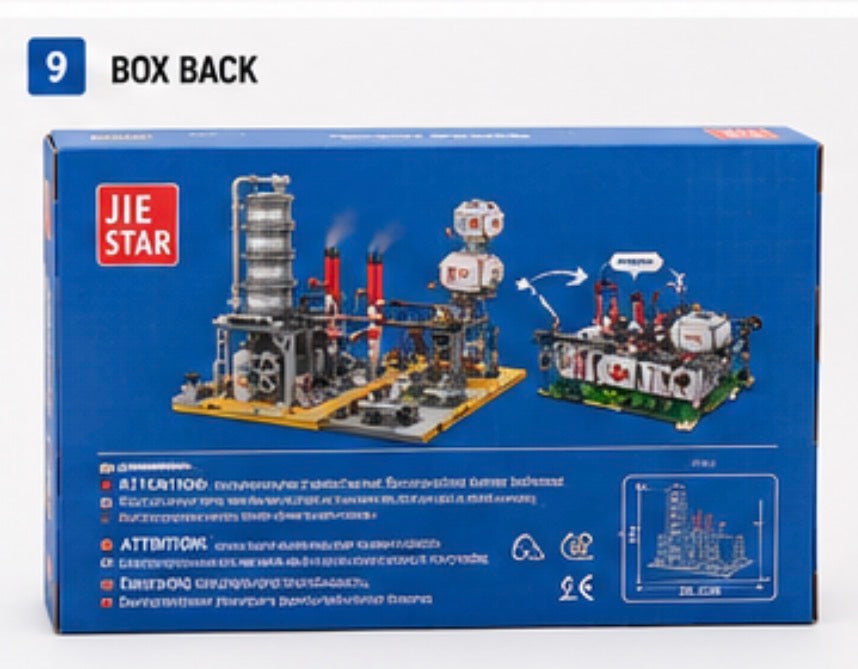 The back of a blue JIE STAR toy box showing a 3D model of an industrial refinery or power plant kit, with assembly steps illustrated on the right side.