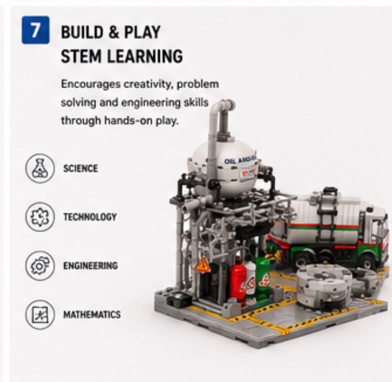 A promotional graphic for a building block set showing a gray industrial oil rig structure with a green and white tanker truck on a platform. Text reads 'BUILD & PLAY STEM LEARNING' with icons for science, technology, engineering, and mathematics.