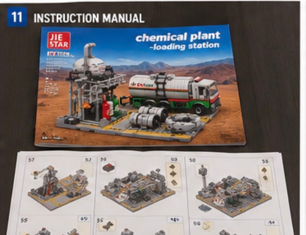 Instruction manual page for a Jie Star toy building set, showing the product box for a chemical plant loading station and several step-by-step assembly diagrams on a dark wooden surface.