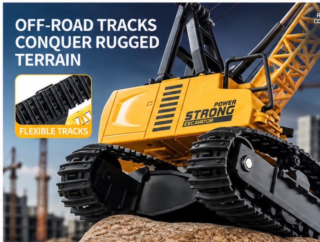 Yellow and black toy excavator with large tracks, shown on a rock with promotional text reading 'OFF-ROAD TRACKS CONQUER RUGGED TERRAIN' and a inset showing flexible tracks.