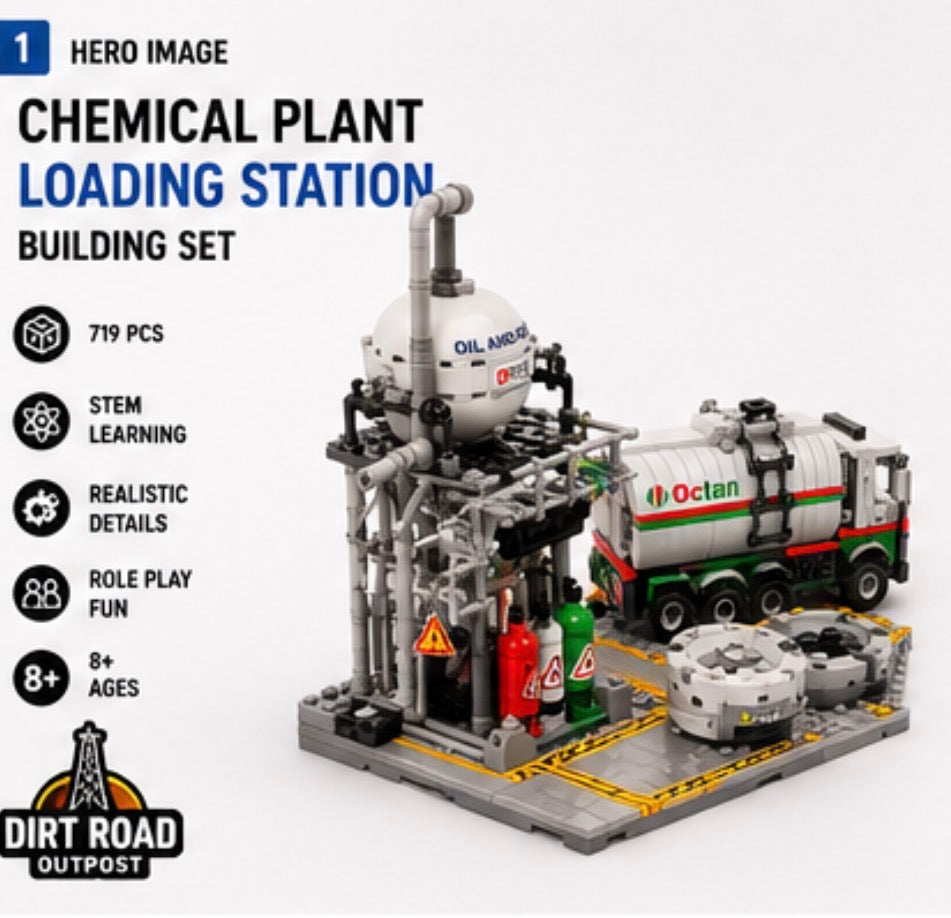 Chemical Plant Loading Station building set with a tanker truck and industrial platform, shown on a white background with product features and branding text.
