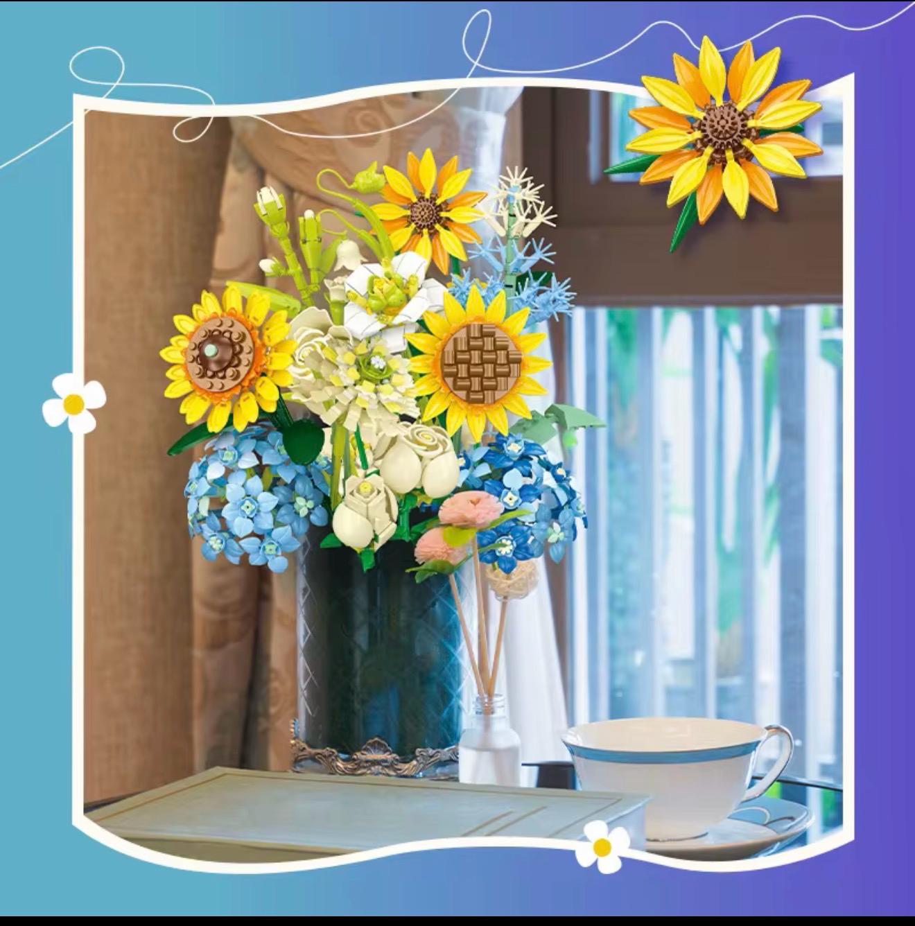 Rose Sunflower Artificial Flower Bouquet Model Bricks Home Decor Educational Building Blocks Floral Collection