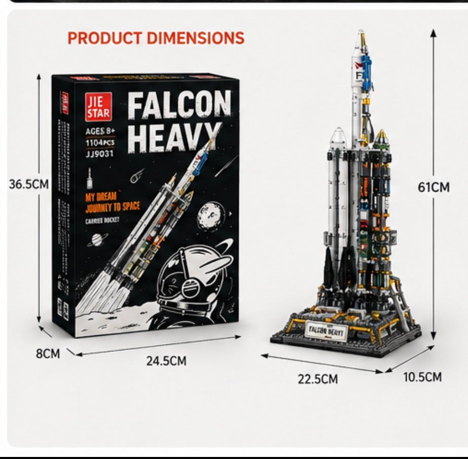 Product dimensions diagram showing a Jie Star Falcon Heavy building block set, with the retail box on the left and the assembled rocket model on the right. Red text at the top reads 'PRODUCT DIMENSIONS' with measurements labeled in centimeters for the box (8cm, 24.