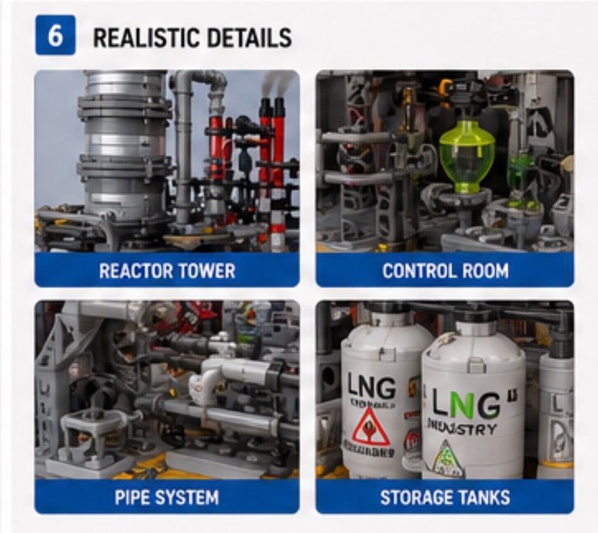 A promotional graphic showing four close-up views of a detailed industrial model or set: Reactor Tower, Control Room, Pipe System, and Storage Tanks, with the headline 'REALISTIC DETAILS' and a blue number 6 in the top-left corner.