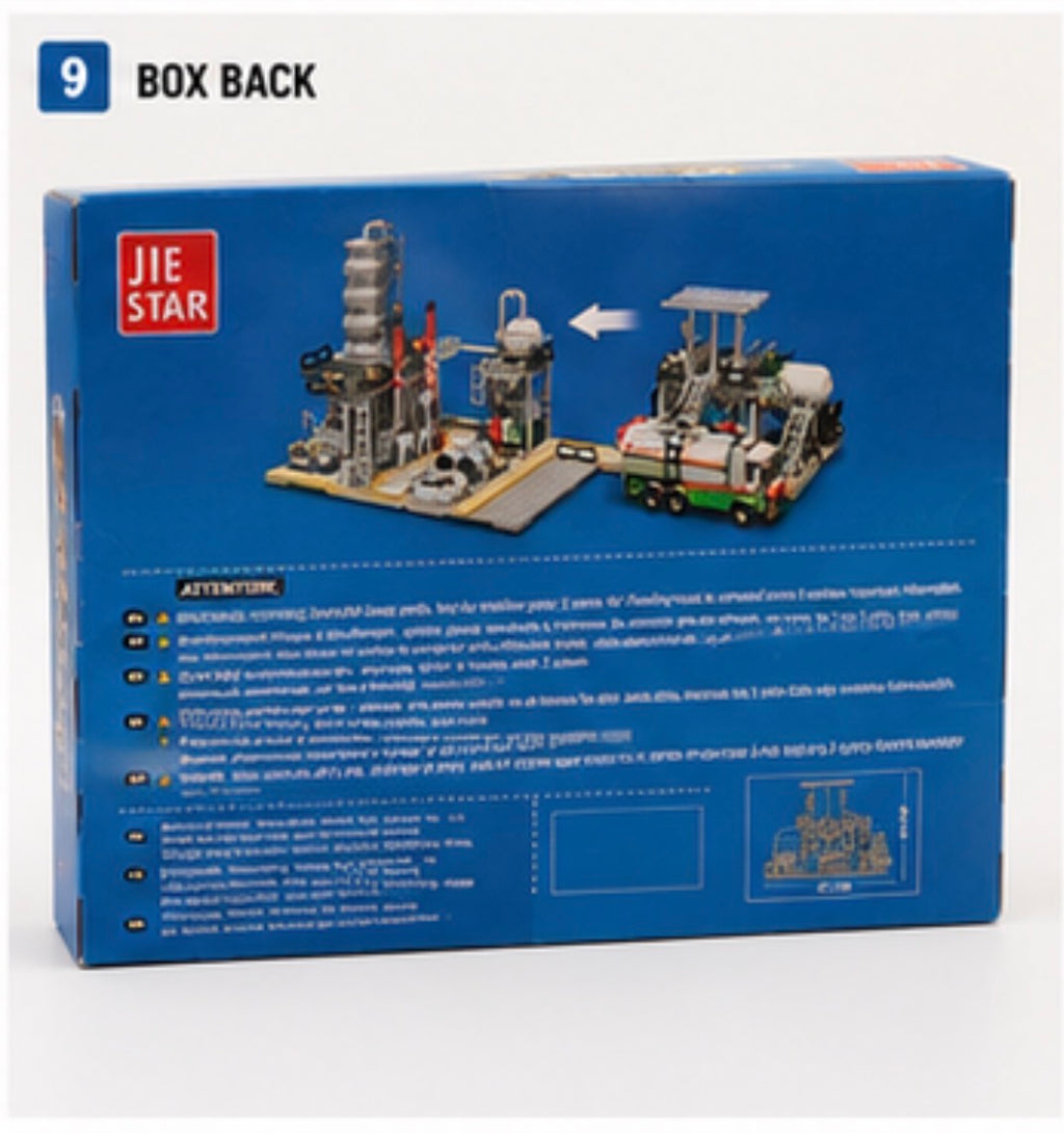 Blue Jie Star toy building block box back view showing product assembly diagrams and instructions on a white background.
