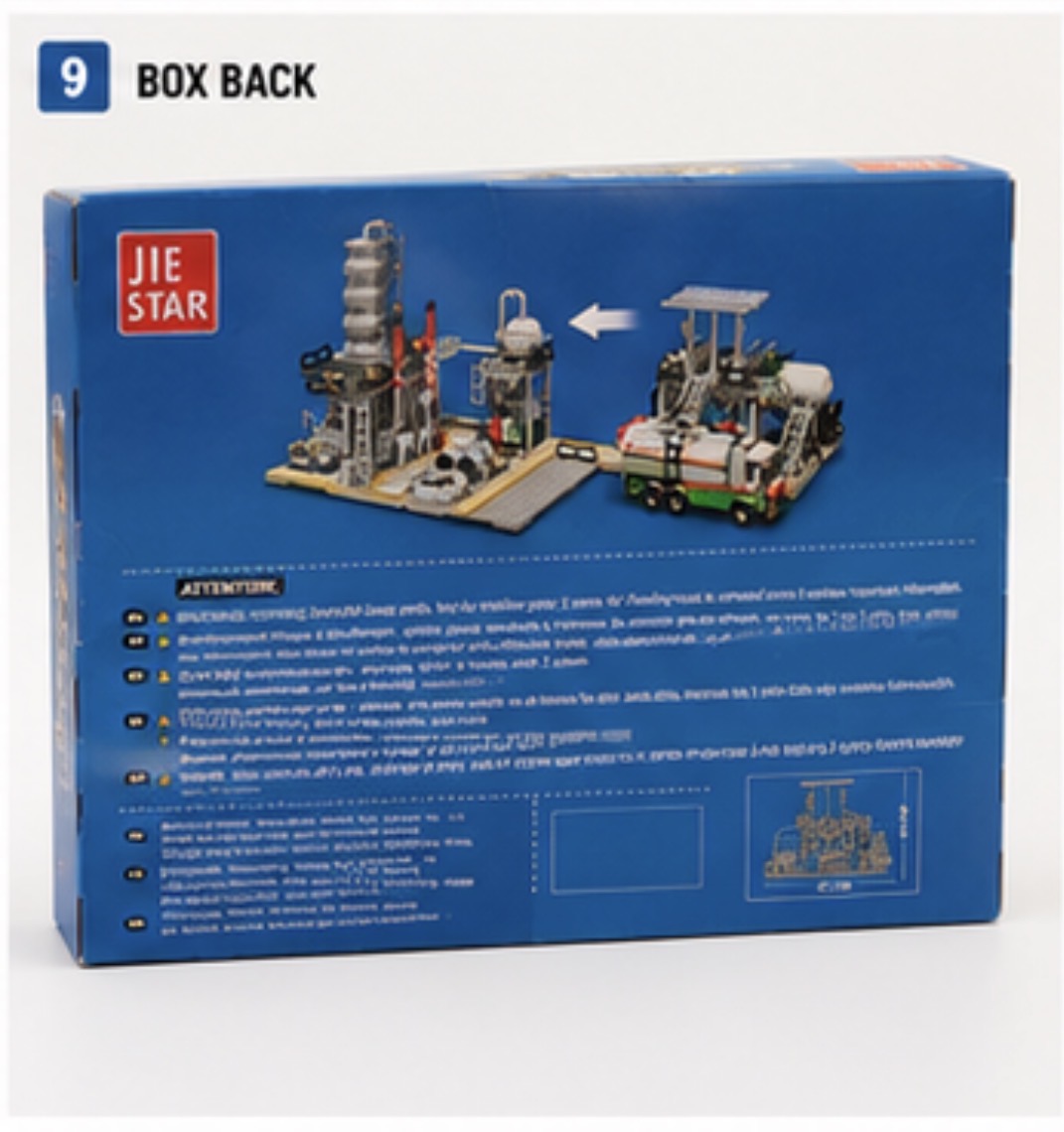 Blue Jie Star toy building block box back view showing product assembly diagrams and instructions on a white background.