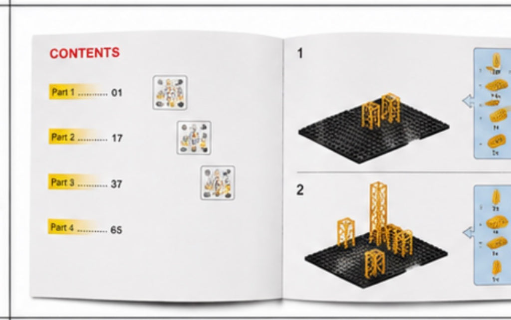 An open instruction booklet showing the contents page and step-by-step assembly instructions for building a model structure from small yellow pieces on a black baseplate.