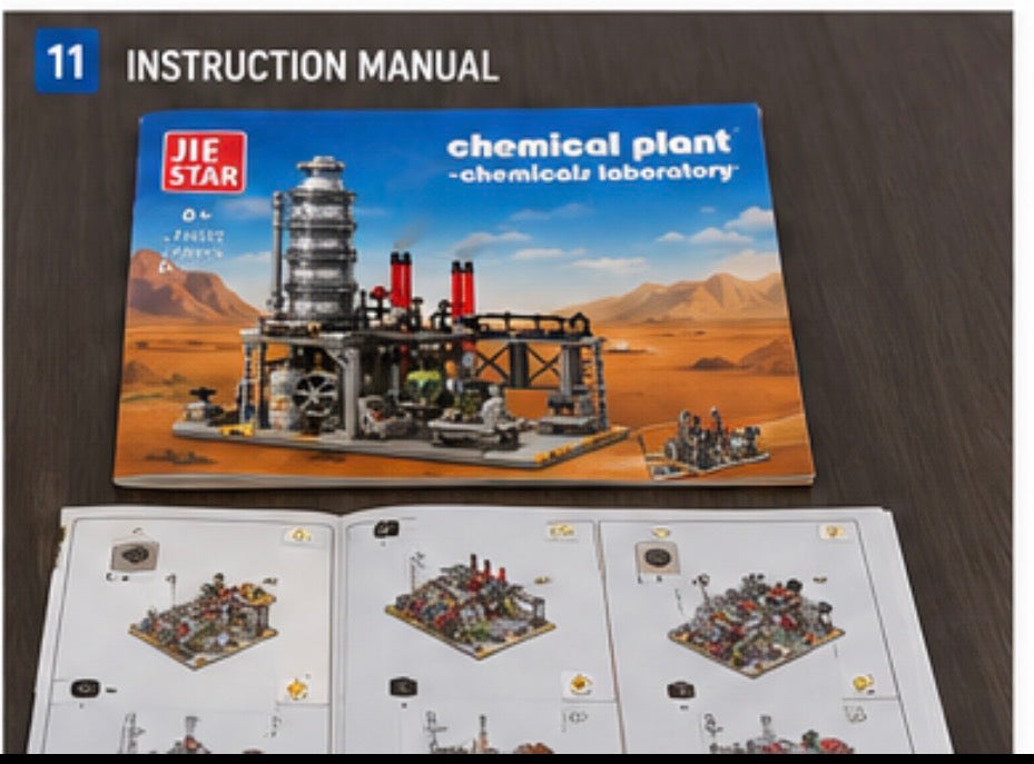 Jie Star chemical plant instruction manual showing the product box and open instruction pages on a dark wood surface.