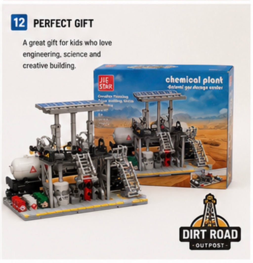 Jie Star Chemical Plant building kit shown assembled alongside its retail box on a light gray background, with promotional text reading '12 PERFECT GIFT' and a 'Dirt Road Outpost' logo.
