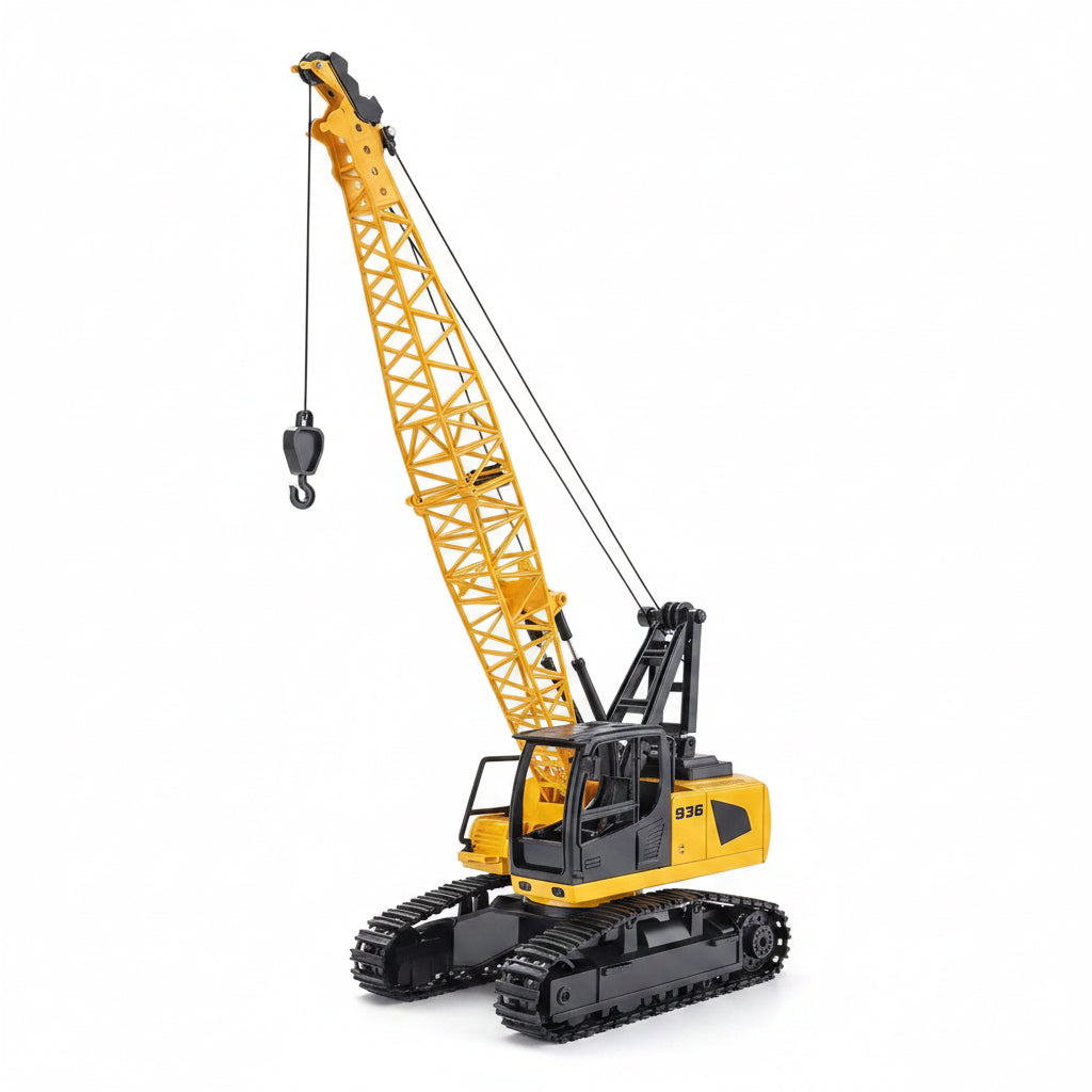 Two yellow and black toy crawler cranes with detailed tracks and lifting hooks, displayed on a clean white background.