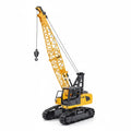Two yellow and black toy crawler cranes with detailed tracks and lifting hooks, displayed on a clean white background.