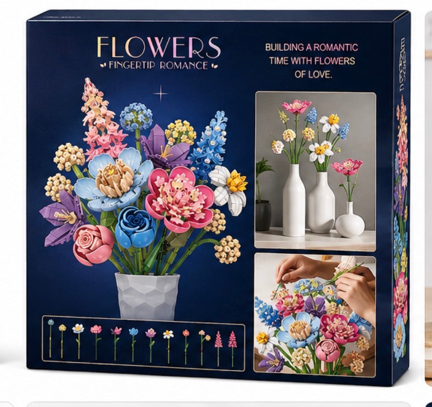 A boxed craft kit titled "Flowers: Fingertip Romance" shown on a dark navy package with colorful assembled flower bouquets, small flower illustrations, and two inset photos demonstrating the product in use.