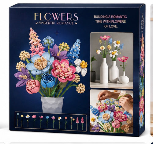 A boxed craft kit titled "Flowers: Fingertip Romance" shown on a dark navy package with colorful assembled flower bouquets, small flower illustrations, and two inset photos demonstrating the product in use.