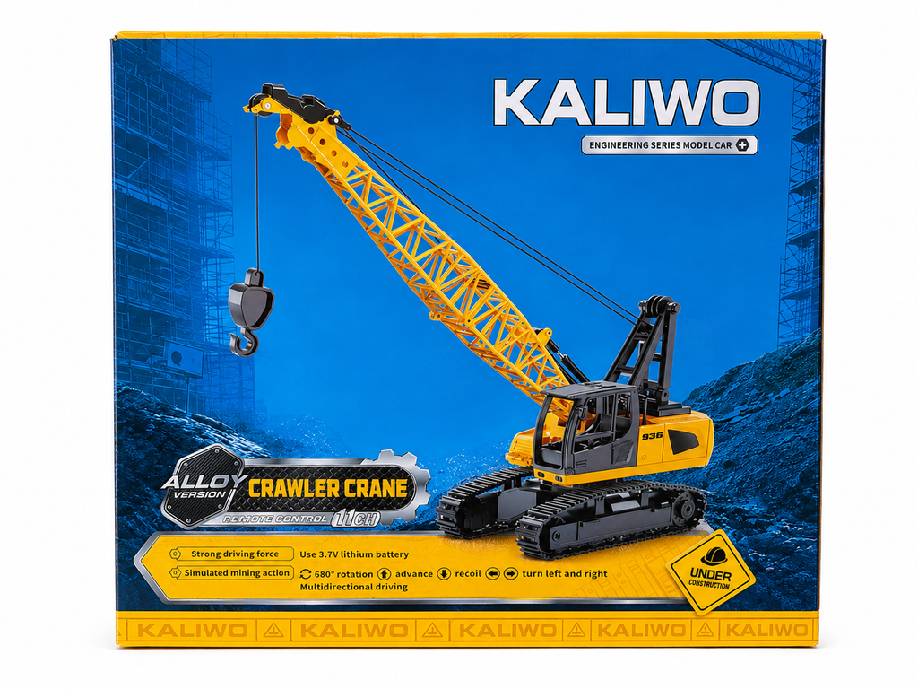 Kaliwo crawler crane model car packaging box, featuring a yellow and black crane illustration on a blue construction-site background with Kaliwo branding.