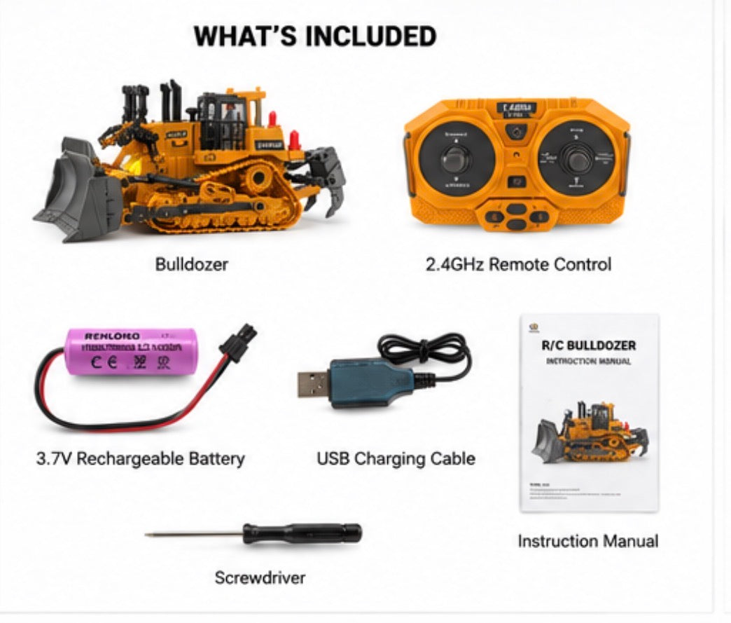 A product inclusion graphic on a white background showing a yellow and black remote-controlled bulldozer, an orange 2.4GHz remote control, a pink rechargeable battery, a USB charging cable, a screwdriver, and an instruction manual.