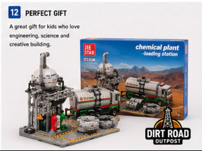 Jie Star chemical plant loading station building blocks set, showing the assembled gray, white, green, and red model alongside its blue retail box. Text on the image reads '12 PERFECT GIFT' and 'A great gift for kids who love engineering, science and creative building.