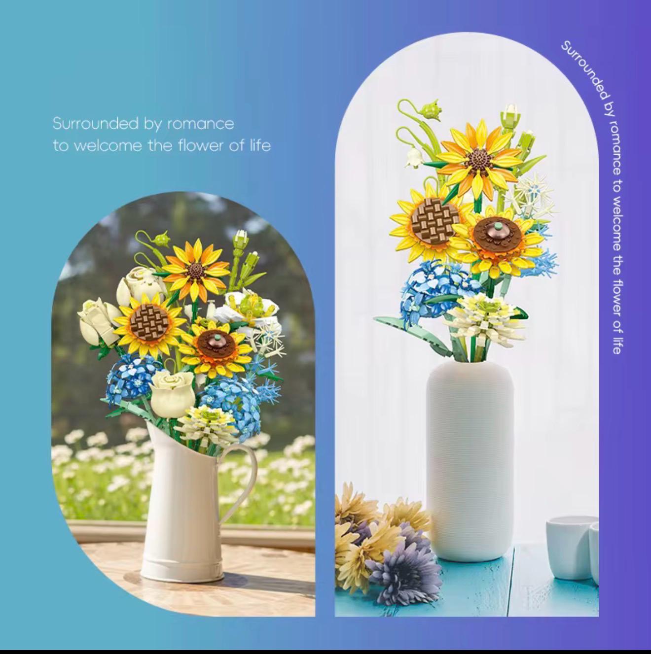 Rose Sunflower Artificial Flower Bouquet Model Bricks Home Decor Educational Building Blocks Floral Collection