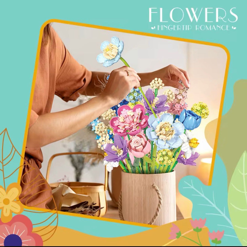 Rose Flowers Plants Bouquet Bouquet Plastic Building Block Set