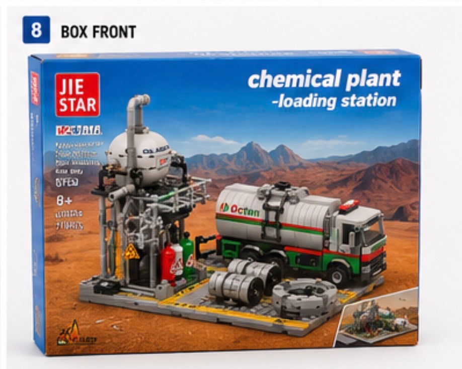 JIE STAR NESTA chemical plant -loading station toy building block set in its original retail box, showing a gray, white, green, and red industrial plant and tanker truck against a desert landscape backdrop.