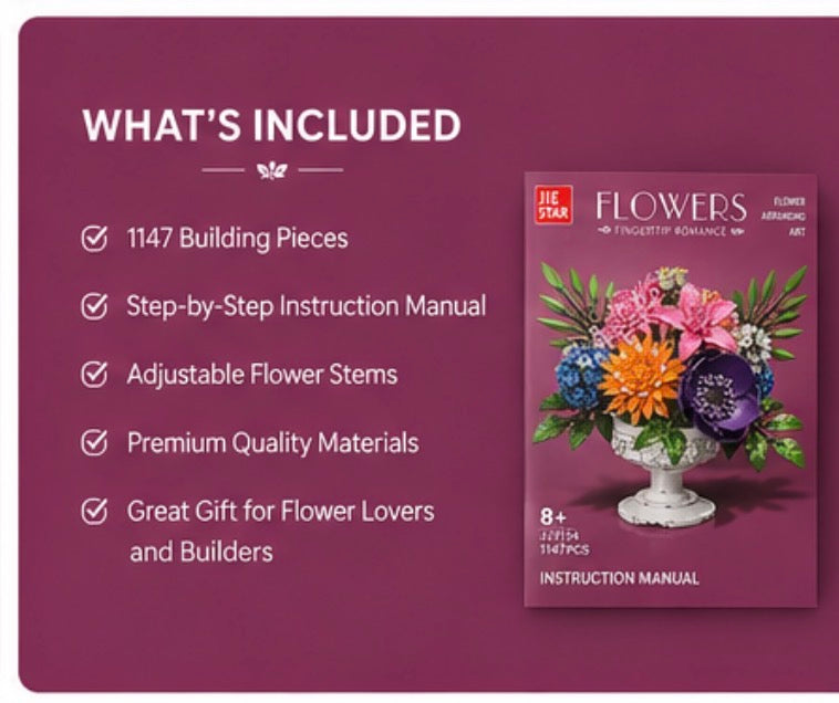 A promotional graphic for a flower arrangement building kit. The left side has a dark plum background with white text reading 'WHAT'S INCLUDED' and a checklist of included items: 1147 building pieces, step-by-step instruction manual, adjustable flower stems, premium quality materials, and great gift for flower lovers and builders.