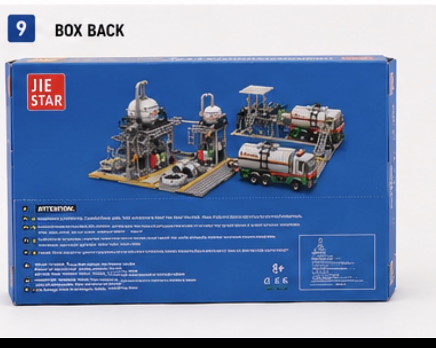 Blue JIE STAR toy building block box back view showing the assembled industrial plant and tanker truck set, with product title 'BOX BACK' at the top.