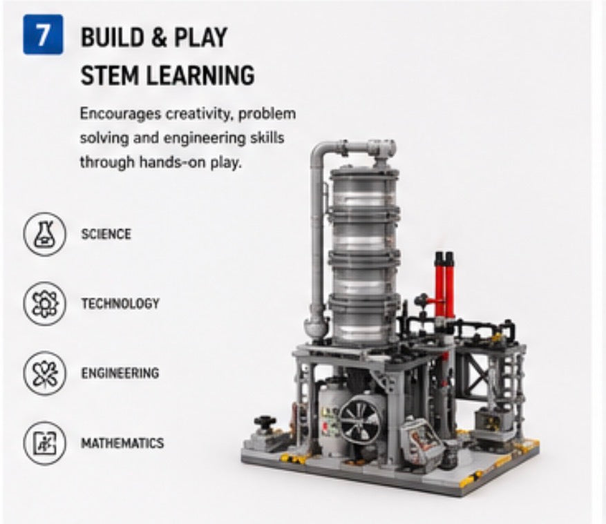 A toy-like metal apparatus labeled 'BUILD & PLAY STEM LEARNING' with text about science, technology, engineering, and mathematics, shown on a light gray background next to a large product render.