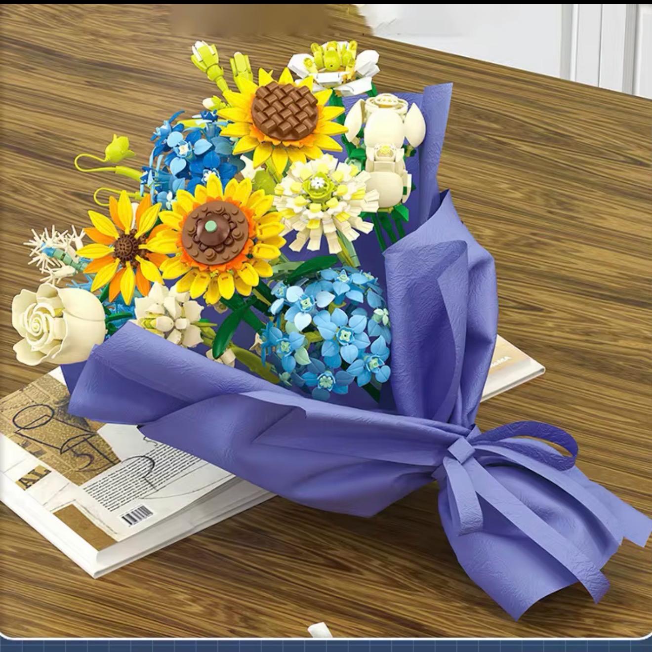 Rose Sunflower Artificial Flower Bouquet Model Bricks Home Decor Educational Building Blocks Floral Collection