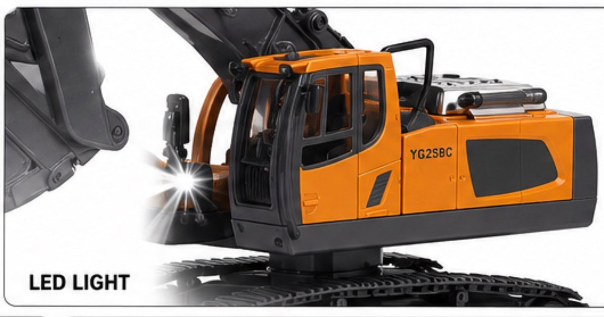 An orange and black toy excavator shown on a white background, with a bright LED light shining from the front and the text 'LED LIGHT' in the lower left corner.