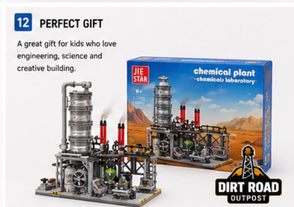 A Jie Star Chemical Plant / Chemicals Laboratory building kit shown with its retail box on a light gray background, alongside promotional text and a Dirt Road Outpost logo. The assembled model is a detailed industrial plant structure with multiple towers, pipes, and red smokestacks.
