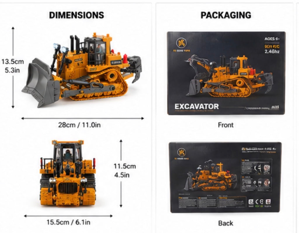 A product information graphic showing a yellow and gray toy excavator from multiple angles with dimensions labeled, alongside packaging views. The top-left panel shows the excavator front with height and width measurements; the bottom-left shows the rear view with height and width measurements.