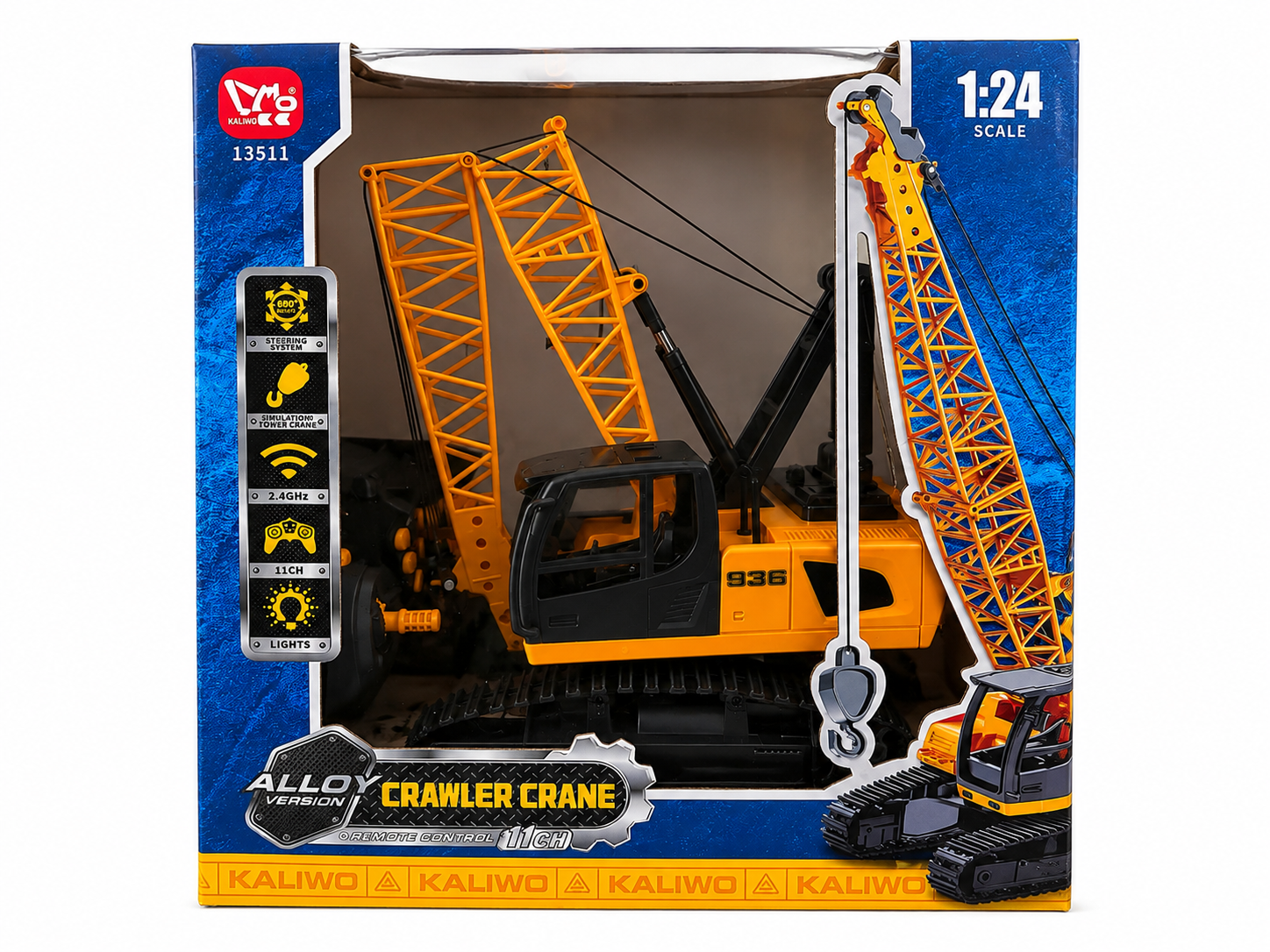 Kaliwo Alloy Crawler Crane toy in its original retail packaging, featuring a 1:24 scale model crane in yellow and black with remote control icons on the left and a smaller crane illustration on the bottom right.