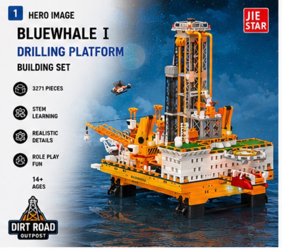 Box art for a JIE STAR building set showing the assembled Blue Whale I drilling platform on water, with product features and age information listed on the left side.