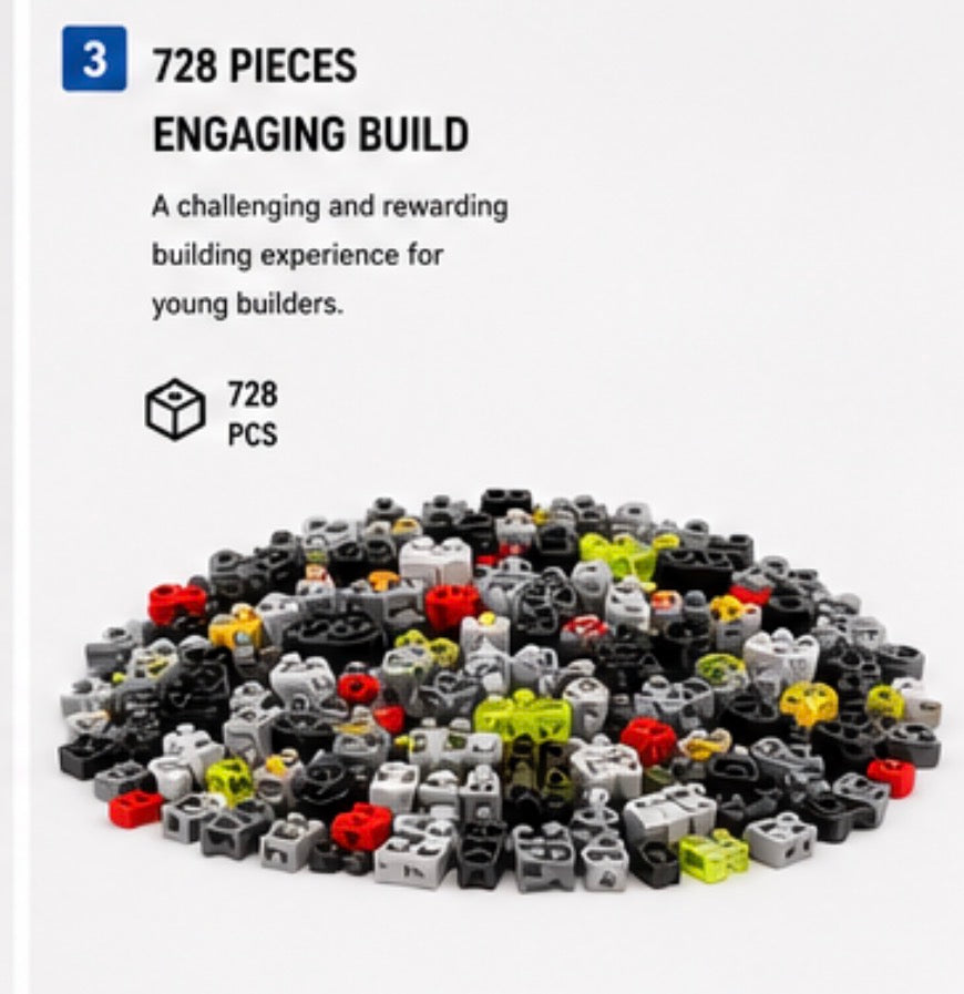 A pile of small building blocks in black, gray, white, yellow, and red on a light gray background, with text reading '3 728 PIECES ENGAGING BUILD' and '728 PCS'.