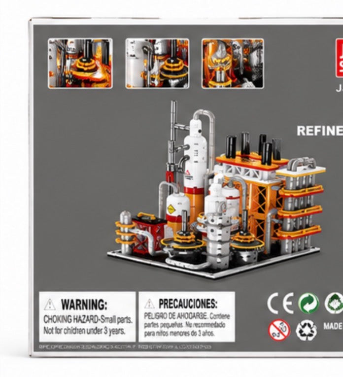 Box packaging for a building block set featuring a refinery or chemical plant model. The front of the box is gray and shows the assembled white, orange, and black industrial structure, plus small preview images at the top and safety warnings at the bottom.